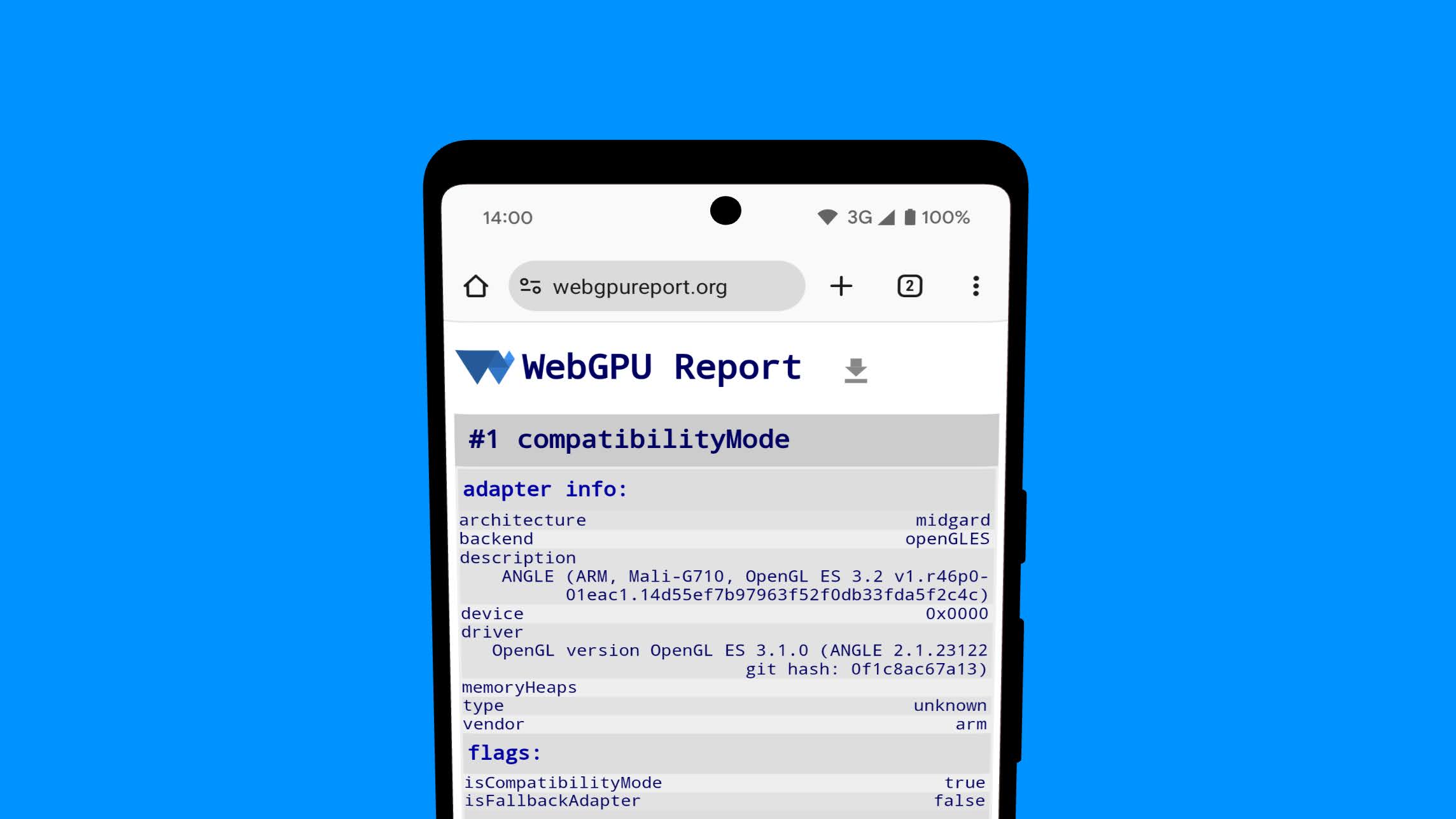 WebGPU レポートページに、Android デバイスの OpenGL ES バックエンドからの GPUAdapter 情報が表示されます。