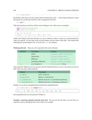 188 CHAPTER 19. MISCELLANEOUS TOPICS III
S = {1,2,3,4,5}
Recall that curly braces are also used to denote dictionaries, and {} is the empty dictionary. To get
the empty set, use the set function with no arguments, like this:
S = set()
This set function can also be used to convert things to sets. Here are two examples:
set([1,4,4,4,5,1,2,1,3])
set('this is a test')
{1, 2, 3, 4, 5}
{'a', ' ', 'e', 'i', 'h', 's', 't'}
Notice that Python will store the data in a set in whatever order it wants to, not necessarily the
order you specify. It’s the data in the set that matters, not the order of the data. This means that
indexing has no meaning for sets. You can’t do s[0], for instance.
Working with sets There are a few operators that work with sets.
Operator Description Example
| union {1,2,3} | {3,4} → {1,2,3,4}
 intersection {1,2,3}  {3,4} → {3}
- difference {1,2,3} - {3,4} → {1,2}
^ symmetric difference {1,2,3} ^ {3,4} → {1,2,4}
in is an element of 3 in{1,2,3} → True
The symmetric difference of two sets gives the the elements that are in one or the other set, but not
both. Here are some useful methods:
Method Description
S.add(x) Add x to the set
S.remove(x) Remove x from the set
S.issubset(A) Returns True if S ⊂ A and False otherwise.
S.issuperset(A) Returns True if A ⊂ S and False otherwise.
Finally, we can do set comprehensions just like list comprehensions:
s = {i**2 for i in range(12)}
{0, 1, 4, 100, 81, 64, 9, 16, 49, 121, 25, 36}
Set comprehensions are not present in Python 2.
Example: removing repeated elements from lists We can use the fact that a set can have no
repeats to remove all repeats from a list. Here is an example:
 