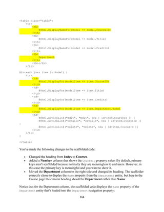 164 
<table class="table"> 
<tr> <th> @Html.DisplayNameFor(model => model.CourseID) </th> 
<th> 
@Html.DisplayNameFor(model => model.Title) 
</th> 
<th> 
@Html.DisplayNameFor(model => model.Credits) 
</th> <th> Department </th> 
<th></th> 
</tr> 
@foreach (var item in Model) { 
<tr> <td> @Html.DisplayFor(modelItem => item.CourseID) </td> 
<td> 
@Html.DisplayFor(modelItem => item.Title) 
</td> 
<td> 
@Html.DisplayFor(modelItem => item.Credits) 
</td> <td> @Html.DisplayFor(modelItem => item.Department.Name) </td> 
<td> 
@Html.ActionLink("Edit", "Edit", new { id=item.CourseID }) | 
@Html.ActionLink("Details", "Details", new { id=item.CourseID }) | 
@Html.ActionLink("Delete", "Delete", new { id=item.CourseID }) 
</td> 
</tr> 
} 
</table> 
You've made the following changes to the scaffolded code: 
 Changed the heading from Index to Courses. 
 Added a Number column that shows the CourseID property value. By default, primary keys aren't scaffolded because normally they are meaningless to end users. However, in this case the primary key is meaningful and you want to show it. 
 Moved the Department column to the right side and changed its heading. The scaffolder correctly chose to display the Name property from the Department entity, but here in the Course page the column heading should be Department rather than Name. 
Notice that for the Department column, the scaffolded code displays the Name property of the Department entity that's loaded into the Department navigation property:  