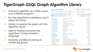 © 2020 TigerGraph. All Rights Reserved
TigerGraph GSQL Graph Algorithm Library
✓ Call each algorithm as a GSQL query
or as a RESTful endpoint
✓ Run the algorithms in-database (don't
export the data)
✓ Option to update the graph with the
algorithm results
✓ Able to modify/customize the
algorithms. Turing-complete
language.
✓ Massively parallel processing to
handle big graphs
26
 