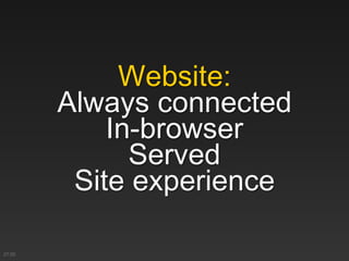 Website:
Always connected
In-browser
Served
Site experience
21:02
 