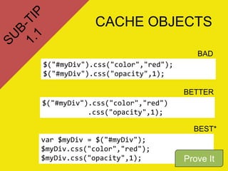 CACHE OBJECTS
$("#myDiv").css("color","red");
$("#myDiv").css("opacity",1);
BAD
$("#myDiv").css("color","red")
.css("opacity",1);
BETTER
var $myDiv = $("#myDiv");
$myDiv.css("color","red");
$myDiv.css("opacity",1);
BEST*
Prove It
 