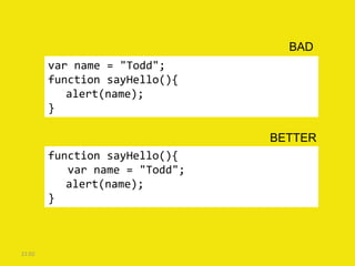 var name = "Todd";
function sayHello(){
alert(name);
}
function sayHello(){
var name = "Todd";
alert(name);
}
21:02
BAD
BETTER
 