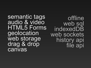 semantic tags
audio & video
HTML5 Forms
geolocation
web storage
drag & drop
canvas
offline
web sql
indexedDB
web sockets
history api
file api
 