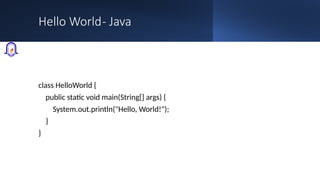 Hello World- Java
class HelloWorld {
public static void main(String[] args) {
System.out.println("Hello, World!");
}
}
 