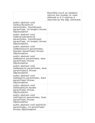 ResultSet (such as Update);
                                  returns the number or rows
                                  affected or 0 if nothing is
                                  returned by the SQL command
public abstract void
setAsciiStream(int
paramIndex, InputStream
paramType, int length) throws
SQLException
public abstract void
setBinaryStream(int
paramIndex, InputStream
paramType, int length) throws
SQLException
public abstract void
setBoolean(int paramIndex,
boolean paramType) throws
SQLException
public abstract void
setByte(int paramIndex, byte
paramType) throws
SQLException
public abstract void
setBytes(int paramIndex, byte
paramType[]) throws
SQLException
public abstract void
setDate(int paramIndex, Date
paramType) throws
SQLException
public abstract void
setDouble(int double
paramType) throws
SQLException
public abstract void
setFloat(int paramIndex, float
paramType) throws
SQLException
public abstract void setInt(int
paramIndex, int paramType)
throws SQLException
 