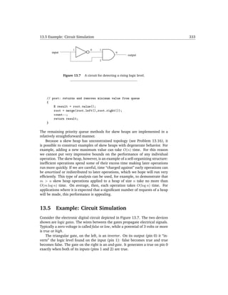 13.5 Example: Circuit Simulation                                                        333


                      1           0      1
        input                                        0
                                                              output
                                         2




                Figure 13.7   A circuit for detecting a rising logic level.




    // post: returns and removes minimum value from queue
    {
        E result = root.value();
        root = merge(root.left(),root.right());
        count--;
        return result;
    }

The remaining priority queue methods for skew heaps are implemented in a
relatively straightforward manner.
    Because a skew heap has unconstrained topology (see Problem 13.16), it
is possible to construct examples of skew heaps with degenerate behavior. For
example, adding a new maximum value can take O(n) time. For this reason
we cannot put very impressive bounds on the performance of any individual
operation. The skew heap, however, is an example of a self-organizing structure:
inefﬁcient operations spend some of their excess time making later operations
run more quickly. If we are careful, time “charged against” early operations can
be amortized or redistributed to later operations, which we hope will run very
efﬁciently. This type of analysis can be used, for example, to demonstrate that
m > n skew heap operations applied to a heap of size n take no more than
O(m log n) time. On average, then, each operation takes O(log n) time. For
applications where it is expected that a signiﬁcant number of requests of a heap
will be made, this performance is appealing.


13.5       Example: Circuit Simulation
Consider the electronic digital circuit depicted in Figure 13.7. The two devices
shown are logic gates. The wires between the gates propagate electrical signals.
Typically a zero voltage is called false or low, while a potential of 3 volts or more
is true or high.
     The triangular gate, on the left, is an inverter. On its output (pin 0) it “in-
verts” the logic level found on the input (pin 1): false becomes true and true
becomes false. The gate on the right is an and-gate. It generates a true on pin 0
exactly when both of its inputs (pins 1 and 2) are true.
 