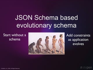 JSON Schema based evolutionary schema Start without a schema Add constraints as application evolves 
