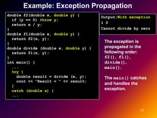 Example: Exception Propagation
double f2(double x, double y) {        Output:With exception
  if (y == 0) throw y;
  return x / y;                        1 0
}                                      Cannot divide by zero
double f1(double x, double y) {
  return f2(x, y);
}                                       The exception is
double divide (double x, double y) {    propagated in the
  return f1(x, y);                      following order:
}                                       f2(), f1(),
int main() {                            divide(),
  ...                                   main().
  try {
    double result = divide (x, y);      The main() catches
    cout << "Result = " << result;
                                        and handles the
  }
  catch (double a) {                    exception.
  ...


                                                        29
 