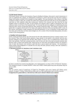Innovative Systems Design and Engineering www.iiste.org
ISSN 2222-1727 (Paper) ISSN 2222-2871 (Online)
Vol.4, No.11, 2013
33
3.ACK-based schemes
ACK based scheme overcome the limitation of passive-feedback technique when power control transmission is
used. To implement this scheme, an authentication mechanism is used to prevent the next hop from sending a
forged ACK packet on behalf of the intended two hop neighbor. The main drawback of this scheme is the huge
overhead. In order to reduce the overhead, the authors have proposed that each node asks its two hop neighbor to
send back an ACK randomly rather than continuously. Likewise, this extension also fails when the two hop
neighbor refuses to send back an ACK. In such situation, the requester node is unable to distinguish who is the
malicious node, its next hop or the requested node. To overcome the previous ambiguity in determining the true
malicious node, focuses on detecting malicious links instead of malicious nodes .This scheme is based on 2ACK
packet that is assigned a fixed route of two hops in the opposite direction of the received data traffic’s route. In
this scheme, each packet’s sender maintains the following parameters; (i) list of identifiers of data packets that
have been sent out but have not been acknowledged yet, (ii) a counter of the forwarded data packets, (iii) and a
counter of the missed packets.
4 .Modified ACK-based scheme
In the existing ack-based scheme uses 2ack process for the node authentication process in attack scenario in ad-
hoc network. These 2ack based scheme generate a huge amount of ack packet in the network and also give
decision ambiguity for requested node and then effect quality of service .now we modified these scheme used
finite state automata. Finite state automate provide a state of route ack, due to this node ack packet maintain state
between node to request and respond node. In this process we used some extra buffered memory for maintain a
state of node .that memory area maintain a path state due to given request and response. For maintaining a
request packet acknowledgment we calculate the next hop with dsdv protocol concept. Path state maintains a
sequence of ack packet.
5. Simulation parameter & simulation result: simulation setup
Table I
Simulation used NS-2.34
Topology area 1200 X 1200
No. of Mobile Nodes 25
Max. No. of Connection 30
Simulation Time 200
Speed 10-20 m/sec
Communication Link Capacity 10 Mbps
Traffic Intensity 45,85,95,180
Routing Protocol AODV
In order to simulate the scenarios described above, the implementation was done in NS-2.34 Network Simulator.
The simulation scenario to simulate MANET, which uses AODV without packet drop and with packet drop are
given in table.
results:
This set contains result of comparisons of Graph b/w Throughput with secure channel and without secure
channel, Average E- E Delay, Packet Delivery Ratio and Avg. Jitter and Routing Load in Ad Hoc network.
Comparison b/w packet delivery ratio between with secure channel without secure channel
Figure 5: Effect on PDR using secure channel in mobile adhoc network
 