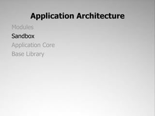 Application Architecture
Modules
Sandbox
Application Core
Base Library
 
