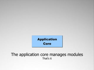 Application
                Core


The application core manages modules
               That's it
 