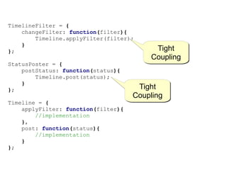 TimelineFilter = {
    changeFilter: function(filter){
        Timeline.applyFilter(filter);
    }
};                                        Tight
                                         Coupling
StatusPoster = {
    postStatus: function(status){
        Timeline.post(status);
    }
};                                    Tight
                                     Coupling
Timeline = {
    applyFilter: function(filter){
        //implementation
    },
    post: function(status){
        //implementation
    }
};
 