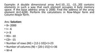 Example: A double dimensional array Arr[-10…12, -15…20] contains
elements in such a way that each element occupies 4 byte memory
space. If the base address array is 2000. Find the address of the array
element Arr[-6][8]. Perform the calculations in Row-Major form and
Column-Major form.
Ans: Solution:
• B= 2000
• I= -6
• J= 8
• R0= -10
• C0= -15
• Number of rows (M) = [12-(-10)]+1=23
• Number of columns (N) = [20-(-15)]+1=36
• W=4
 