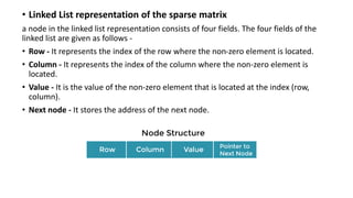 • Linked List representation of the sparse matrix
a node in the linked list representation consists of four fields. The four fields of the
linked list are given as follows -
• Row - It represents the index of the row where the non-zero element is located.
• Column - It represents the index of the column where the non-zero element is
located.
• Value - It is the value of the non-zero element that is located at the index (row,
column).
• Next node - It stores the address of the next node.
 