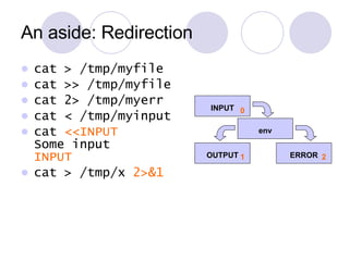 An aside: Redirection cat > /tmp/myfile cat >> /tmp/myfile cat 2> /tmp/myerr cat < /tmp/myinput cat  <<INPUT Some input INPUT cat > /tmp/x  2>&1 0 1 2 INPUT env OUTPUT ERROR 