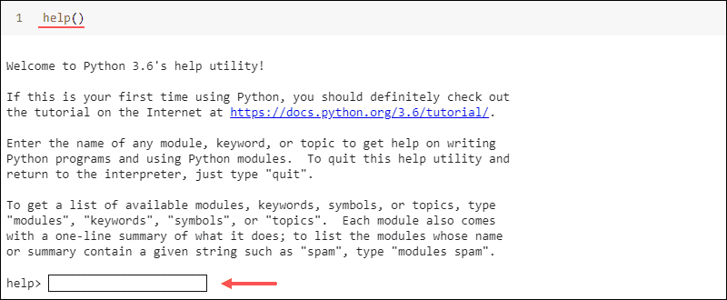 Output of the help command without a parameter