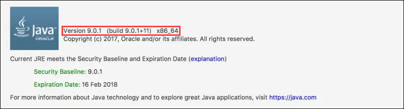Finding the Java version on macOS from the Java control panel.