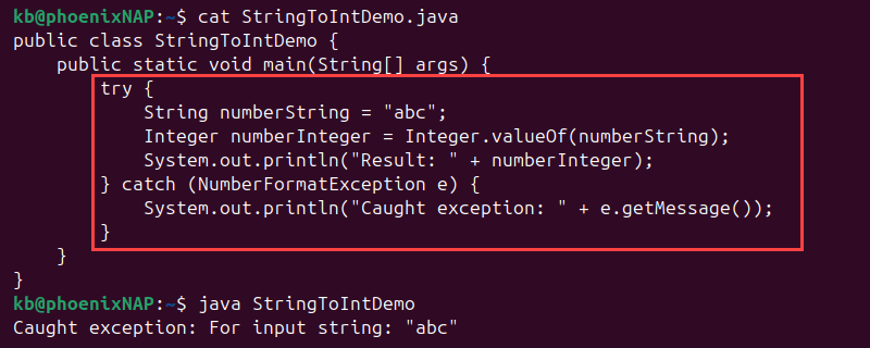 Java try catch Integer.valueOf string to int output