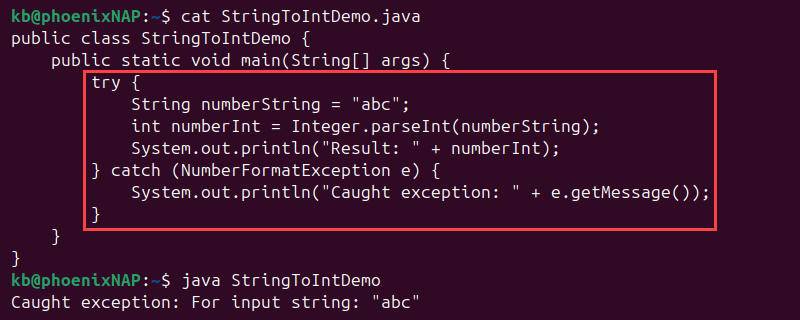 Java try catch parseInt string to int output