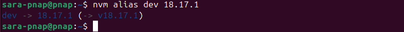 nvm alias dev 18.17.1 terminal output