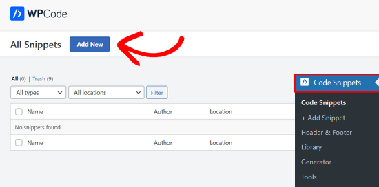 Click the Add New Button to Add Your First Custom Code Snippet in WPCode Click the Add New Button to Add Your First Custom Code Snippet in WordPress